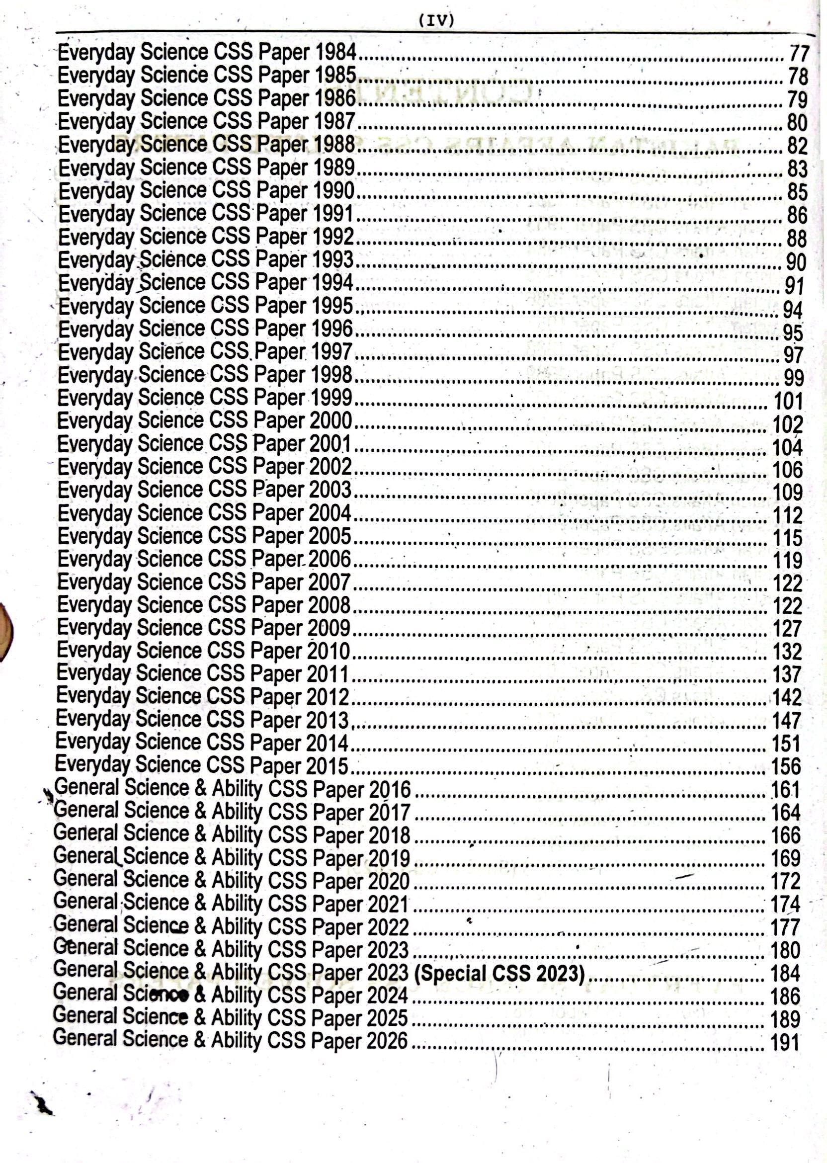 List of 'Everyday Science CSS Paper' with years from 1984 to 2026 on a white background.
CSS Compulsory Subjects Solved Past Papers (1981–2026) – 46 Years MCQs with Explanations