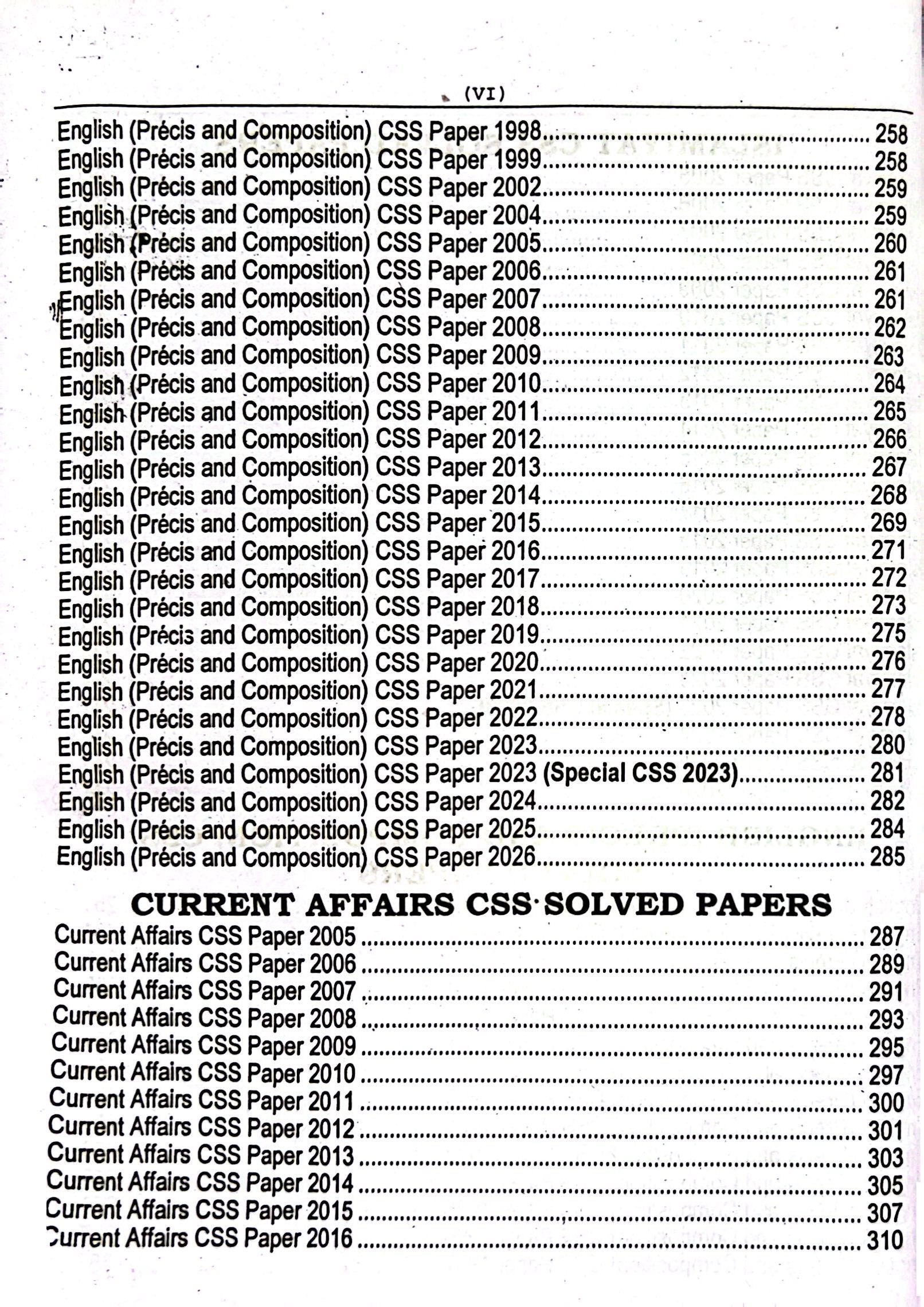 List of English Précis and Composition CSS Paper and Current Affairs CSS Solved Papers from 1998 to 2023.
